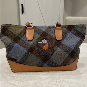 Hazzys Tweed Plaid Tote Bag with Leather Accents